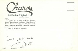 Vintage Postcard Charo Advertising Charo's Restaurant North Shore Kauai HI