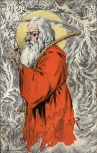 New Year Father Time in Orange Robe with Scythe Fantasy c1910 Vintage Postcard