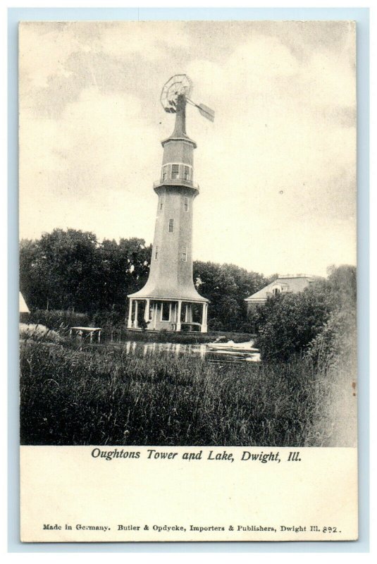 c1910s View from Grass, Oughtons Tower and Lake, Dwight Illinois IL Postcard