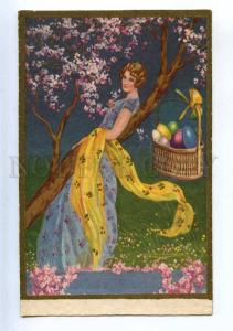 206687 ART DECO Lady EASTER Garden by CORBELLA vintage PC