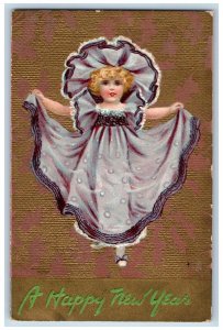 Guttenberg Iowa IA Postcard New Year Little Girl Big Bonnet Tuck Embossed c1910s