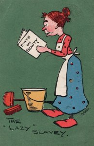 Cleaning Lady Reading Learn Beauty Book Old Comic Postcard