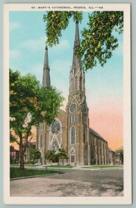 Peoria Illinois~St Marys Cathedral~Stained Glass Windows~Twin Steeples~c1935 PC