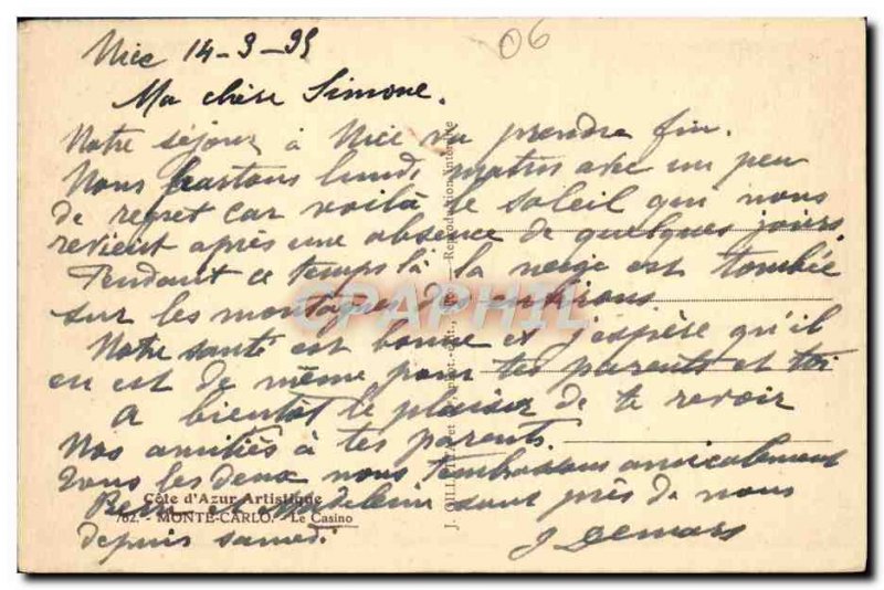 Old Postcard Monte Carlo Casino