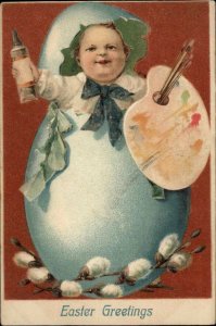 Easter Fantasy Baby With Paint Palette and Paint in Eggshell c1910 Postcard