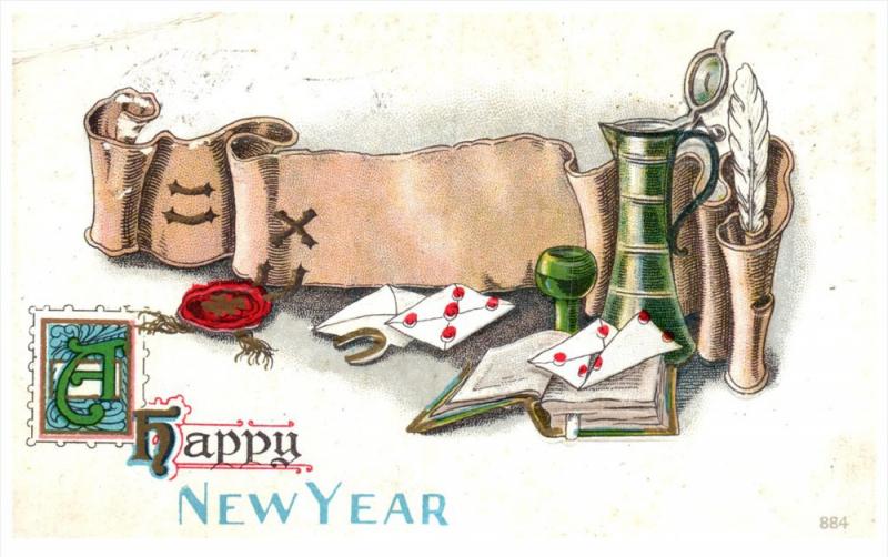 New Year    Cards, Quill pen, Horseshoes,