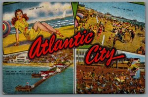 Postcard Atlantic City NJ c1940s Multi View Miss Behave Beach Pigeons Pier