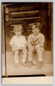 RPPC Cute Kids On Door Step Real Photo c1918 Postcard S27