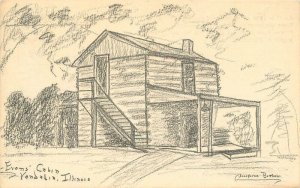 Illinois Vandalia Evans Cabin drawing Sketch 1940s Postcard Burtschi 22-10572