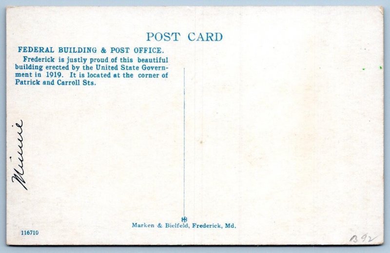 1920's FREDERICK MARYLAND MD POST OFFICE FEDERAL BUILDING ANTIQUE POSTCARD
