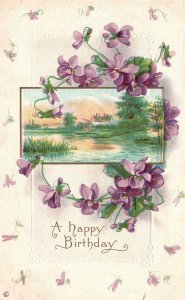 Vintage Postcard A Happy Birthday Landscape Pond Lake House Purple Flowers