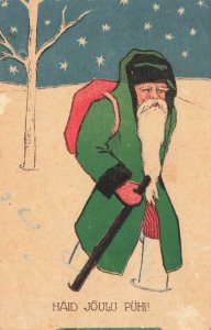 Christmas Green Suited Santa Claus Walking Stick in Snow Postcard