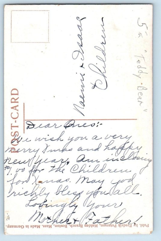 Christmas Postcard Mother Seeing Children Sleeping Teddy Bear c1910's Antique