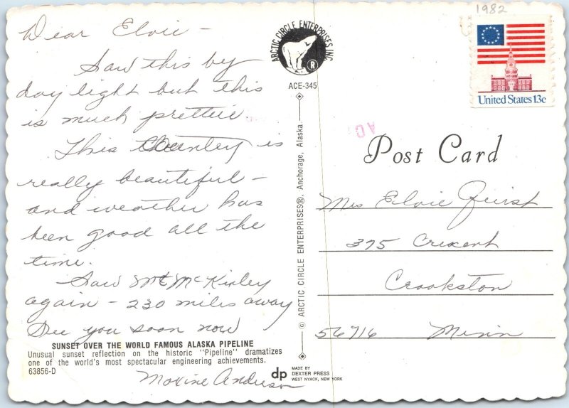 1982 Alaska Trans-Alaska Pipeline Mountain Sunset Postcard Engineering M53