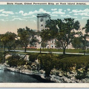 1920s Rock Island IL Store House Postcard Arsenal Armory Clock Tower RI ILL A190