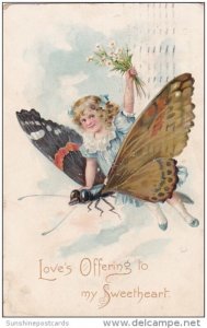 Love's Offerings Beautiful Girl Riding On Beautiful Butterfly 1911 Tucks