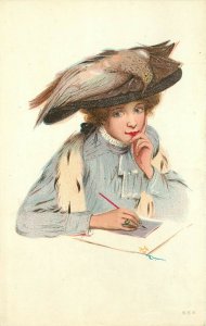 c1907 Postcard 654 Thoughtful Woman Writing, wearing Large Hat w Dead Bird on it