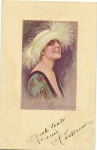 PC CPA E. COLOMBO, ARTIST SIGNED, LADY IN WHITE HAT, Vintage Postcard (b26487)