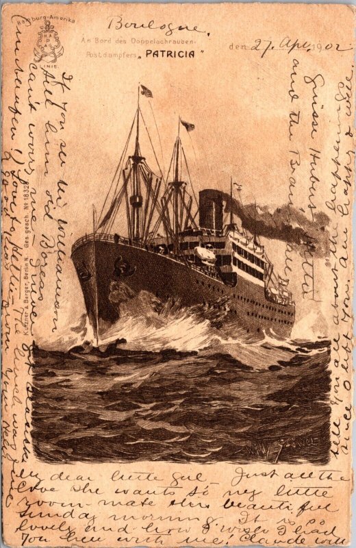 Vintage Postcard a/s W Stower SS Patricia Hamburg-America Steamship Line  1902