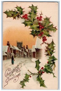 Adams MN Postcard Christmas Greetings Holly Berries House Winter Embossed 1909