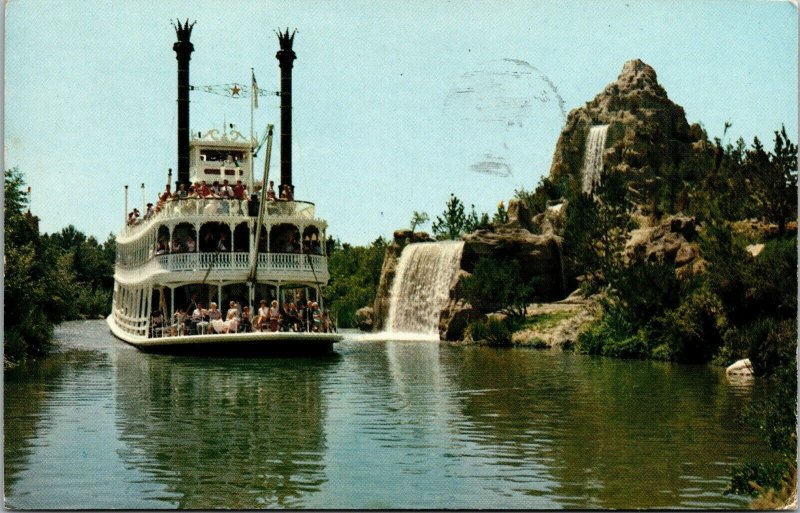 1961 Disneyland Mark Twain Steamboat Cascade Peak Waterfall Anaheim CA Postcard