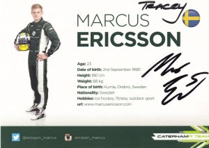 Marcus Ericsson Caterham Team F1 Grand Prix Motor Racing Hand Signed Photo