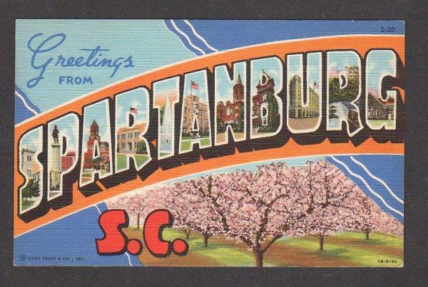 SC SPARTANBURG South Carolina Large Letter Lg Postcard Linen PC Carte Postale