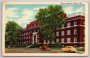 Toledo Ohio~Flower Hospital Street View W/ Automobiles~Colortone Linen Postcard