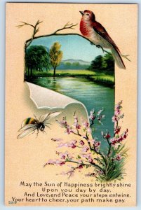 c1910's Bird And Bee Lake Flowers May The Sun Of Happiness Bright Shine Postcard