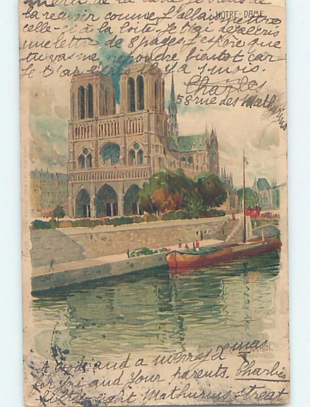 1904 foreign signed BOAT BESIDE NOTRE DAME IN PARIS FRANCE HL8270