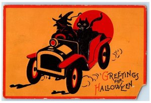 1919 Greetings For Halloween Black Cat Witch Riding Car Caledonia MN Postcard