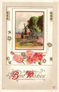 Vintage Postcard Best Wishes Daisies Landscape and Glittered Embossed Border