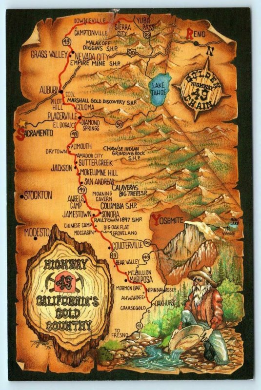 HIGHWAY 49 MAP, California CA ~ GOLD COUNTRY Great Graphics  4 x 6  Postcard