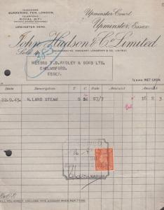 Upminster Hudson & Son Essex Factory Steam Machine 1943 WW2 Receipt Ephemera