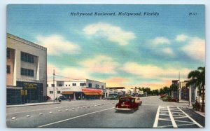 HOLLYWOOD, Florida FL ~ Street Scene HOLLYWOOD BOULEVARD 1955 Linen Postcard
