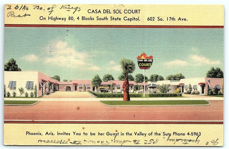 VTG Linen c1951 Casa Del Sol Court Advertising Phoenix AZ Arizona Motel Hotel A3