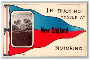 New England North Dakota ND Postcard I'm Enjoying Myself Motoring 1920 Pennant