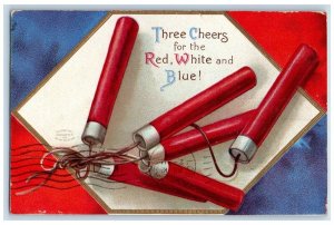 1909 Fireworks Three Cheers For Red White And Blue Clapsaddle Lowell MA Postcard
