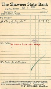 KS, Topeka, Kansas, Shawnee State Bank, 1909 Receipt, F.P. Elmore Cashier