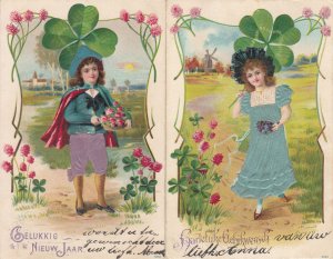 Embossed lovely girl & boy material applied chromos New Year luck 1900 postcards 