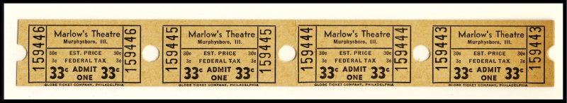 Four .33 Cents Marlow's Movie Theatre Tickets, Murphysboro, Illinois/IL,...