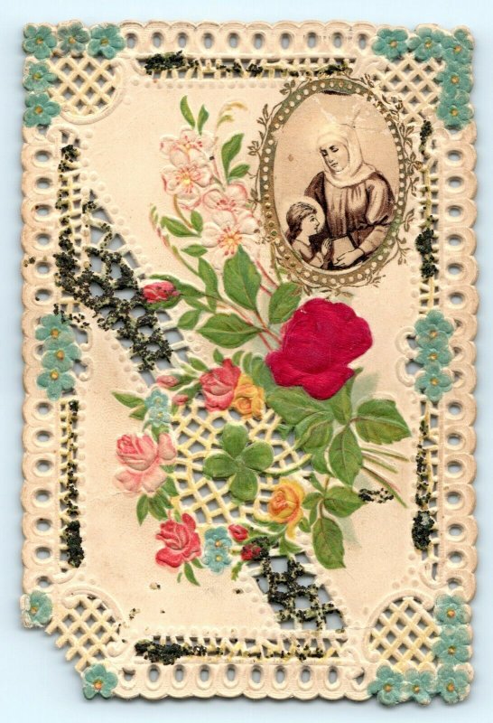 c1900s Christian Floral Silk Flower Paper Lace Girl Nun Praying Trade Card C12