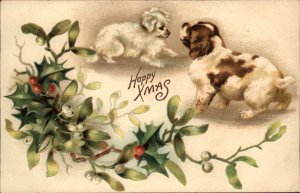 Christmas Dog Puppy Playing Holly Embossed c1900s-20s Postcard
