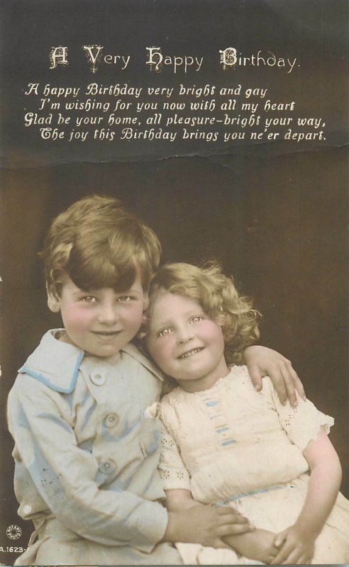 Lovely children couple a very happy birthday greetings postcard