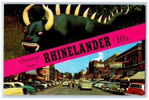 c1940 Greetings From Rhinelander Banner Dualview Classic Cars Wisconsin Postcard 