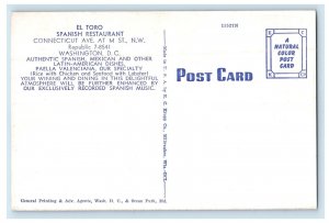 c1930s El Toro Spanish Restaurant Washington DC Advertising Postcard