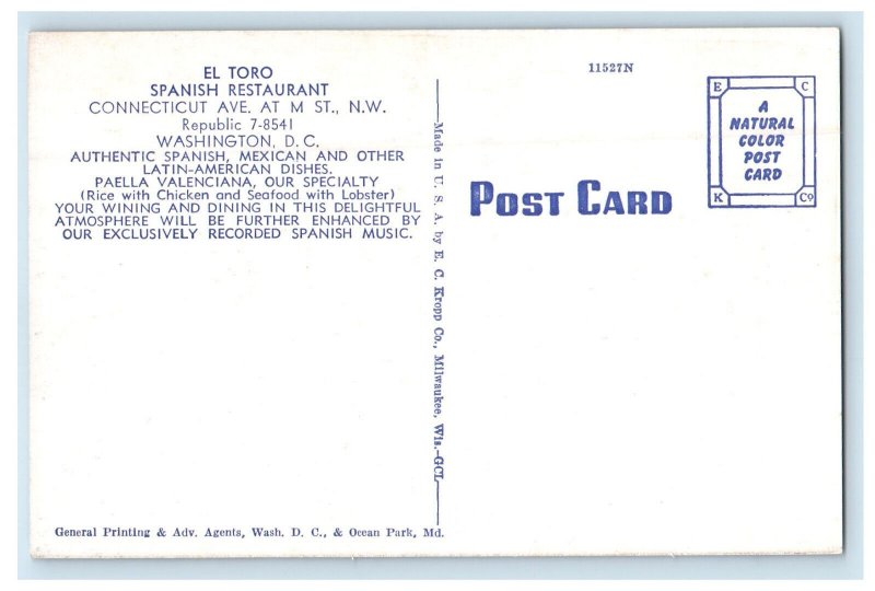 c1930s El Toro Spanish Restaurant Washington DC Advertising Postcard
