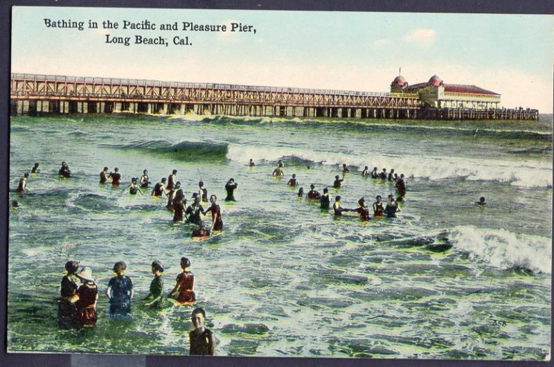 California LONG BEACH Bathing in the Pacific and Pleasure Pier DB