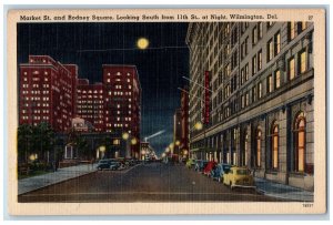 c1940's Market Street & Rodney Square At Night Wilmington Delaware DE Postcard