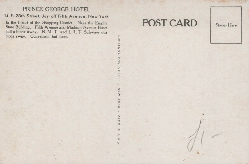 USA New York City Tap Room Prince George Hotel Chrome Postcard 08.72 